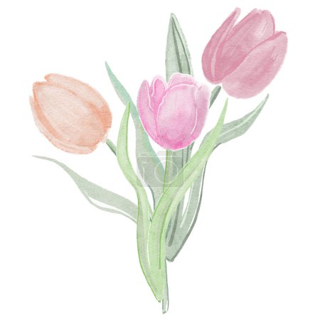 Photo for Floral background. Watercolour tulips flowers painting.Soft pink flowers fabric ornament. Abstract floral drawing bouquet wallpaper - Royalty Free Image