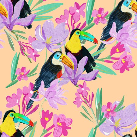 Photo for Flowers and leaves. Tropical birds. Watercolor background illustration set. Watercolour drawing fashion aquarelle isolated. Seamless background pattern. Fabric wallpaper print texture. - Royalty Free Image