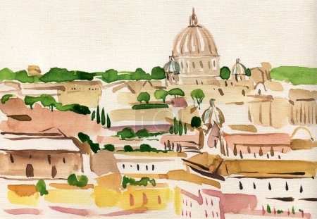Photo for Watercolor drawing picture of city scape view of Rome Italy. Italy painting - Royalty Free Image