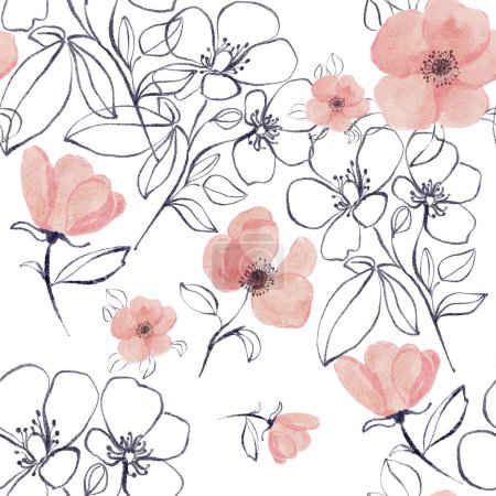 Téléchargez les photos : Pink hand drawn roses. Seamless watercolor background. Trendy pattern. Design. - en image libre de droit