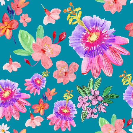 Photo for Tropical flowers. Seamless pattern. Summer, retro, vintage, boho,rustic design. Design wallpaper, textiles, covers, packaging, wrapping paper, fabrics, invitations. - Royalty Free Image