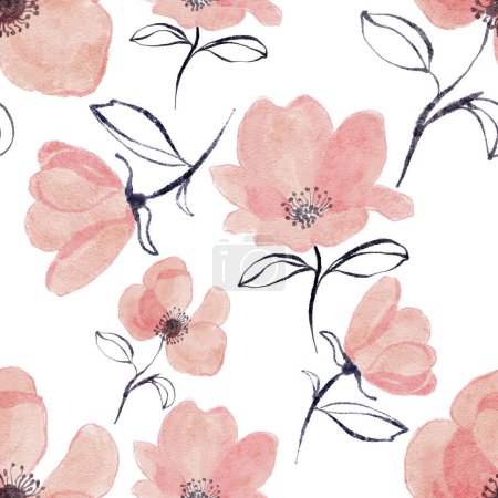Photo for Soft pink flowers. Hand drawn fashion background. Watercolour drawing fashion aquarelle. Seamless background pattern. Fabric wallpaper print texture. - Royalty Free Image