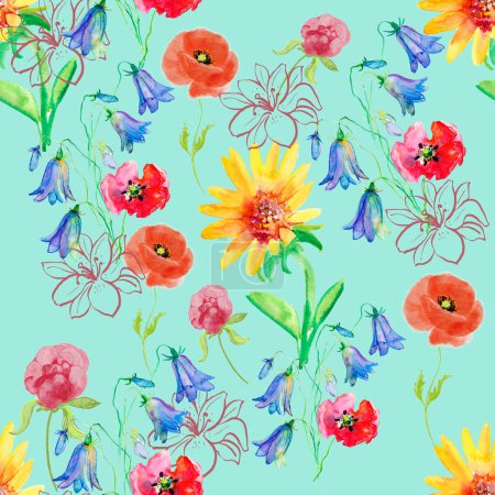 Téléchargez les photos : Seamless watercolor flowers. Hand drawn pattern. Floral background. Fabric design, wallpaper. - en image libre de droit