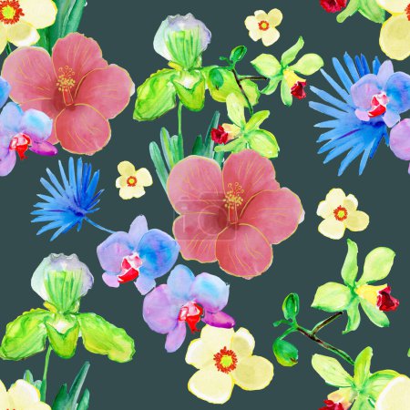 Photo for Watercolour drawing fashion aquarelle. Seamless background pattern. Fabric wallpaper print texture. Magnolia, hibiskus, orchid, poppy, peony, rose and other flowers. - Royalty Free Image