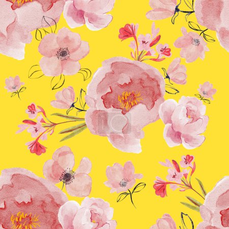 Téléchargez les photos : Bright botanical background. Seamless pattern made of garden delicate flowers in bloom isolated on yellow, Classic vintage style. Floral colorful ornament for fabric, textile, fashion design. - en image libre de droit