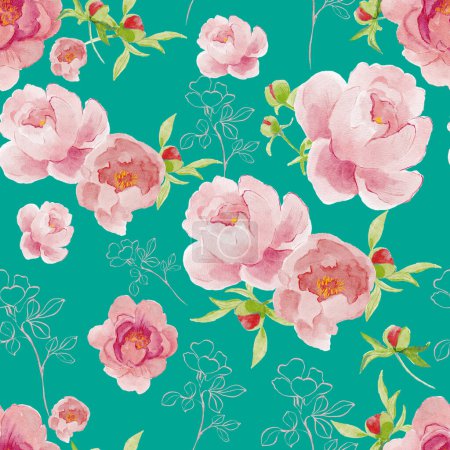 Téléchargez les photos : Seamless pattern with peony flowers. beautiful watercolor illustration - en image libre de droit