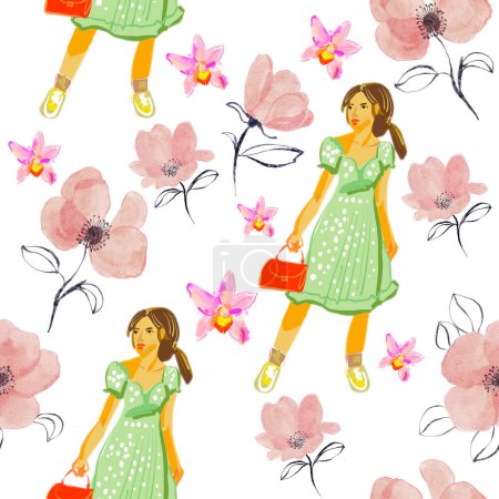 Photo for Seamless pattern of drawn women and flowers for background - Royalty Free Image