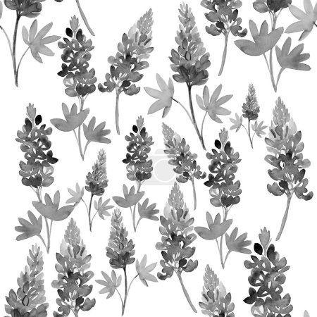 Photo for Black and white seamless watercolor pattern of beautiful flowers - Royalty Free Image