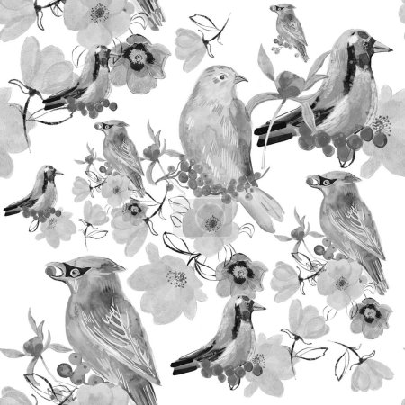 Téléchargez les photos : Illustration aquarelle sans couture en noir et blanc de belles fleurs et oiseaux - en image libre de droit