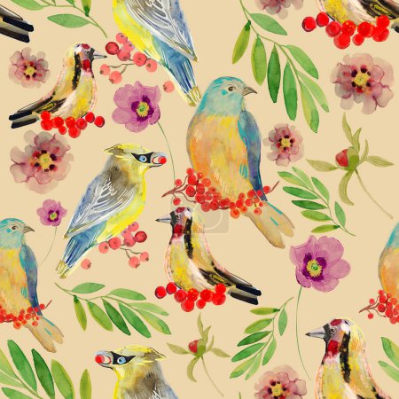 Téléchargez les photos : Illustration aquarelle sans couture de belles fleurs et oiseaux - en image libre de droit
