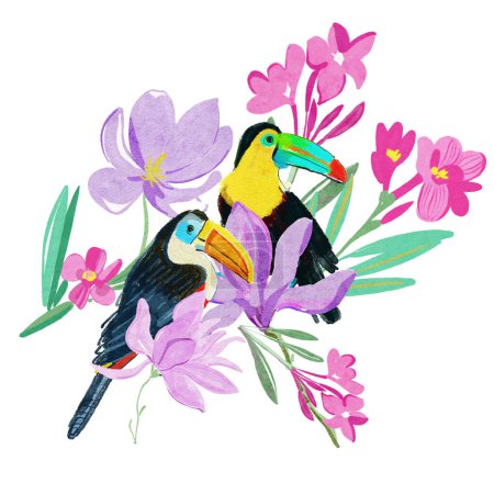 Foto de Ilustración de acuarela sin costuras a color de hermosas flores y pájaros - Imagen libre de derechos