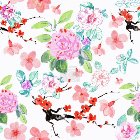 Photo for Color seamless watercolor pattern of beautiful flowers - Royalty Free Image