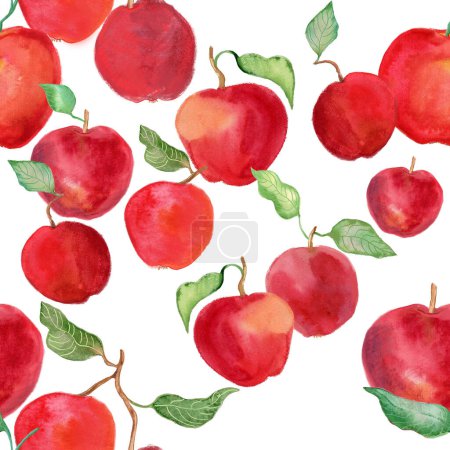 Photo for Red apples on  white background. Seamless pattern. Hand drawn illustration. - Royalty Free Image