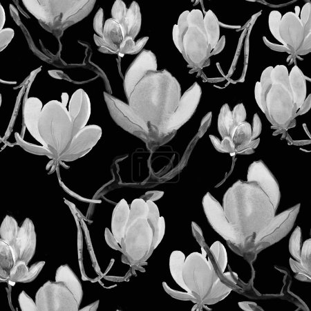 Téléchargez les photos : Le motif sans couture noir et blanc avec des fleurs de magnolia. Conception numérique : les modèles sans couture sont fréquemment utilisés dans les projets de conception graphique, tels que les arrière-plans de sites Web, les bannières de médias sociaux ou les applications - en image libre de droit