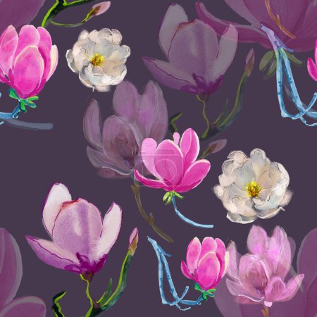 Foto de Flores de magnolia. Patrón sin costuras. Flores rosas y blancas sobre diseño negro. - Imagen libre de derechos