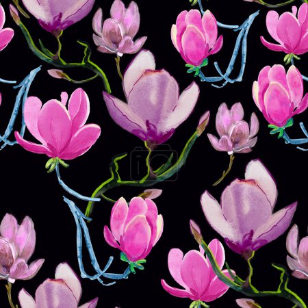 Foto de Flores rosadas sobre fondo negro. Patrón dibujado a mano sin costura. - Imagen libre de derechos