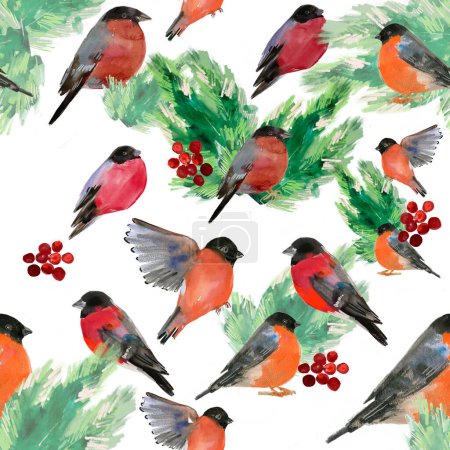 Téléchargez les photos : Illustration dessinée à la main d'oiseaux, de baies et de branches vertes. Aquarelle peinture. - en image libre de droit