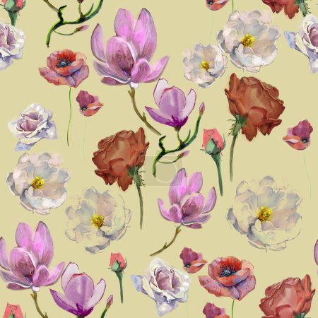 Photo for Seamless pattern with different watercolor flowers. Watercolor illustration. Retro design. - Royalty Free Image