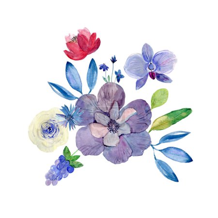 Téléchargez les photos : Aquarelle dessinée à la main. Fleurs et feuilles sur fond blanc - en image libre de droit
