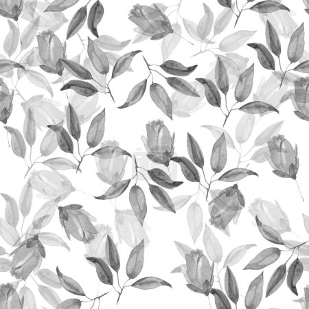 Seamless pattern with grey flowers and leaves on white background. Trendy pattern.