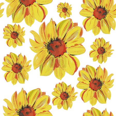 Nahtloses Muster mit gelben Blüten und Blättern auf weißem Hintergrund. Trendiges Muster.