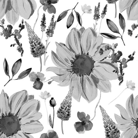 Nahtloses Muster mit grauen Blüten und Blättern auf weißem Hintergrund. Trendiges Muster.