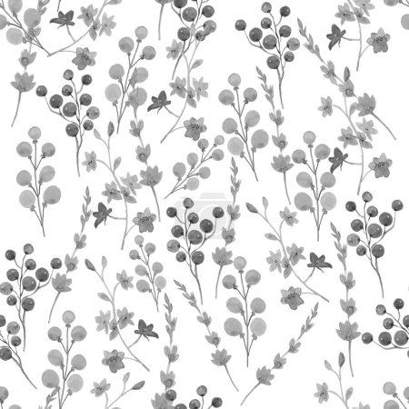 Seamless pattern with grey flowers and leaves on white background. Trendy pattern.