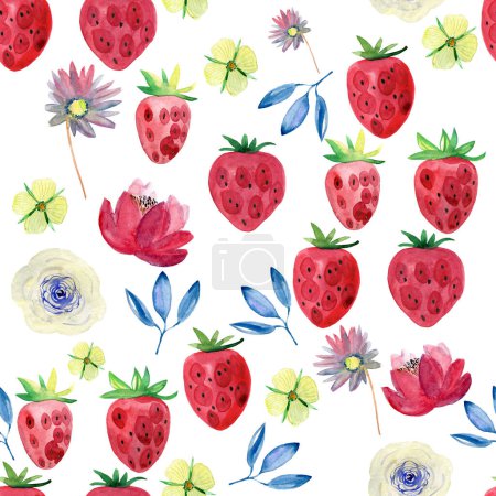 Photo for Watercolor strawberry pattern on white background - Royalty Free Image