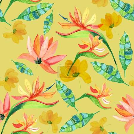 Foto de Flores tropicales sobre fondo amarillo. Hermoso patrón sin costura. - Imagen libre de derechos