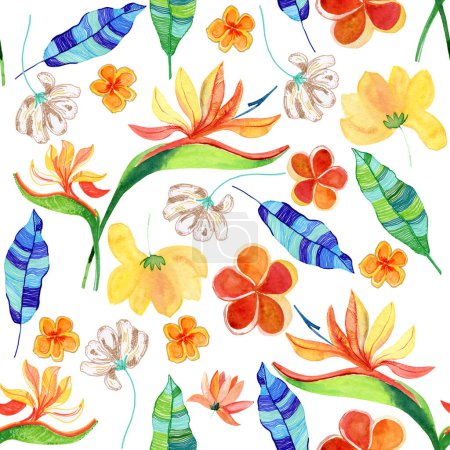 Photo for Tropical flowers on white background. Beautiful seamless pattern. - Royalty Free Image