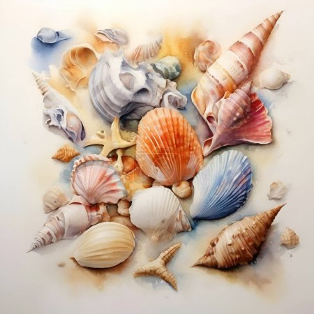 Foto de Acuarela dibujada a mano ilustración de conchas marinas sobre arena - Imagen libre de derechos