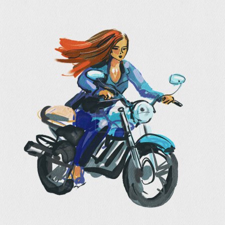 Dibujo dibujado a mano. la chica está montando una moto