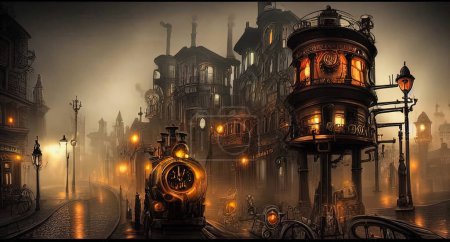 Foto de Ilustración de un paisaje urbano steampunk, edificios iluminados, brumoso, arte digital - Imagen libre de derechos