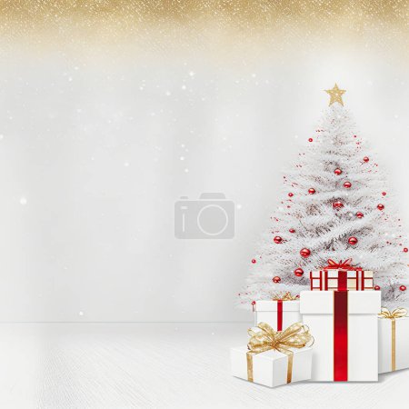 Photo for Illustration of a white christmas tree with white presents in a white room, background image with copy space - Royalty Free Image