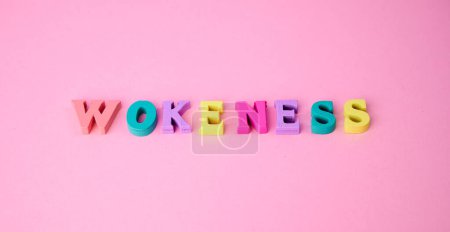 Foto de The word wokeness laid with colorful wooden letters on pink background - Imagen libre de derechos