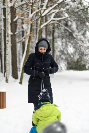 Photo for Young Mom Pulling a Sled in the Snow Outside During a Snowfall - Royalty Free Image