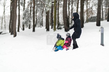 Photo for Joyful Little Brother and Sister in Warm Clothes Happily Playing With Mother Sledding - Royalty Free Image