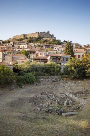 Photo for Traditional Greece. Lesvos island, view of town Molyvos (Mithymna) with old castle above - Royalty Free Image