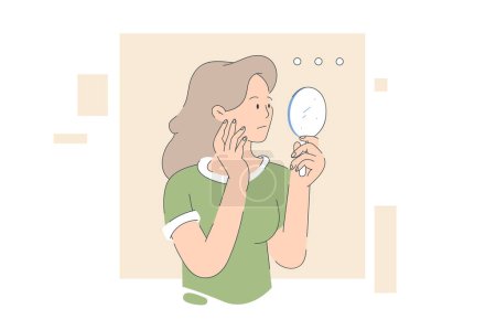 Ilustración de Mujer joven mirando el espejo en casa. sentirse desconcertado y preocupado. Ilustraciones de diseño vectorial estilo dibujado a mano - Imagen libre de derechos