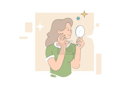 Ilustración de Mujer joven mirando el espejo en casa. Ilustración vectorial - Imagen libre de derechos