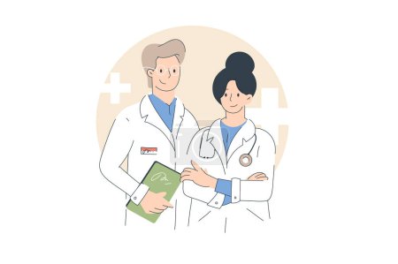 Illustration for Friendly Male and Female Doctors. Hand drawn style vector design illustrations - Royalty Free Image