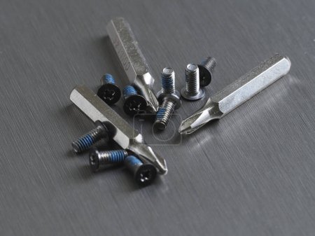 Schrauben und Ersatzbits für einen Schraubenzieher auf grauem Metallhintergrund Nahaufnahme