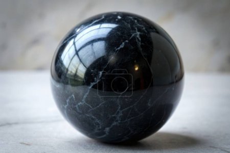 Téléchargez les photos : Balle en marbre noir avec reflets sur un fond clair - en image libre de droit