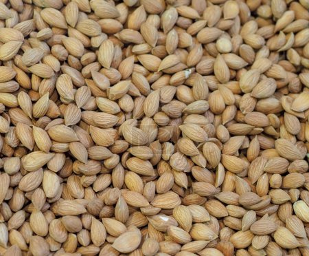 A Large Pile of Almonds on a Store Counter Fresh and Aromatic Nut for Healthy Eating