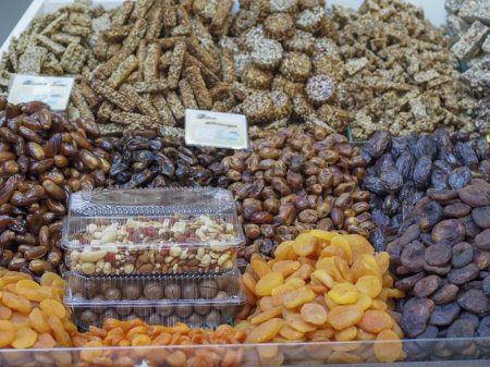 Eastern Delicacies on a Stall: An Assortment of Nuts and Dried Fruits