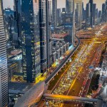 View of Sheikh Zayed Road at sunset in Dubai Downtown Financial center, UAE. High quality photo