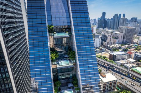 Photo for Aerial view of Ploenchit road in Bangkok Downtown, financial district and business center, Thailand, south east asia - Royalty Free Image
