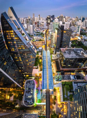Photo for Aerial view of Ploenchit road in Bangkok Downtown, financial district and business center, Thailand, south east asia - Royalty Free Image