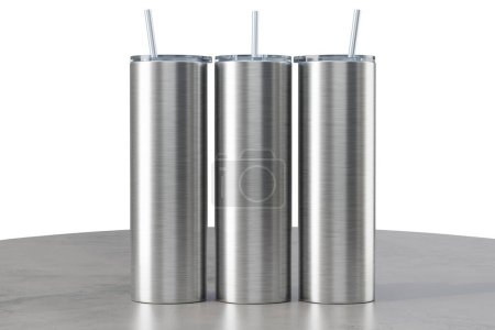 Three metal 20 oz skinny tumblers on the table. Straight 20 oz tumbler for sublimation. Thermo mug. 3d rendering