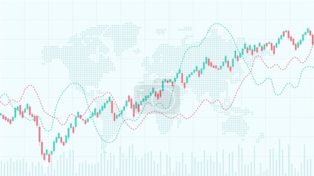 Illustration for World stock market index graph. Candlestick chart, line graph and bar chart. Stock market growth illustration. Financial market background. Red and green color. Vector illustration - Royalty Free Image